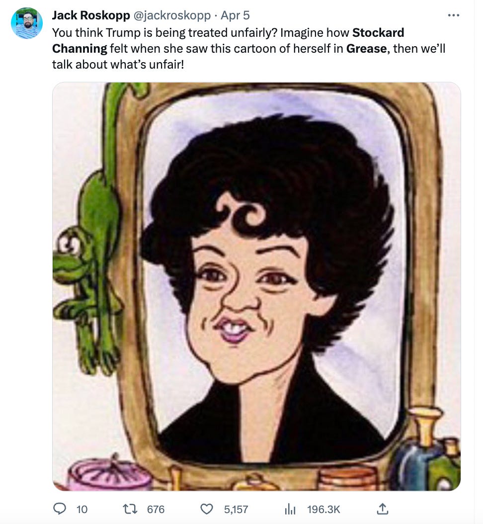 A tweet about Stockhard Channing in Grease.