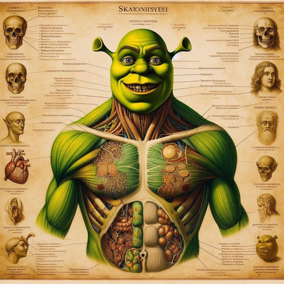 r/weirddalle - Leonardo Da Vinci’s Anatomical drawings of Shrek compared to Modern science.