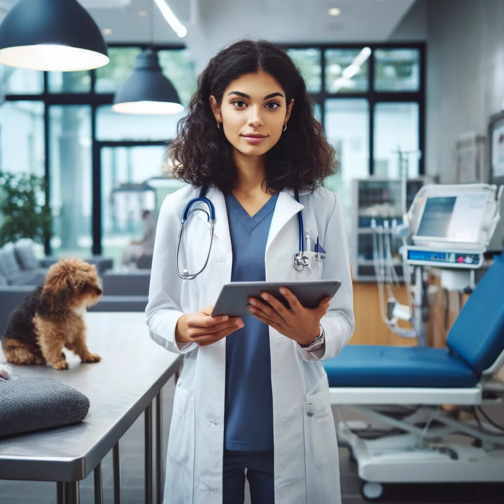 A young veterinarian in a corporate veterinary hospital, standing confidently in a modern clinic environment. The veterinarian, a mixed race female with medium-length curly black hair and wearing a white lab coat, is consulting a digital tablet. Around her are high-tech veterinary equipment and a few pet patients, including a dog and a cat, in a clean, well-lit setting. The image conveys a sense of professionalism, balance, and care in the workplace, reflecting advice for new veterinarians entering corporate medicine.