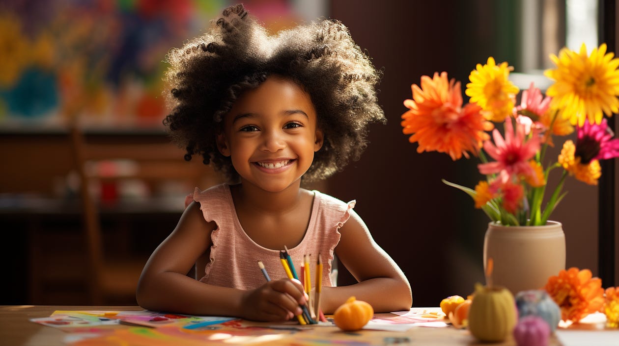 a bright-eyed five-year-old Black girl, sat on the kitchen table, her crayons scattered across the paper as she painstakingly drew a picture of her upcoming birthday party. Her excitement bubbled over