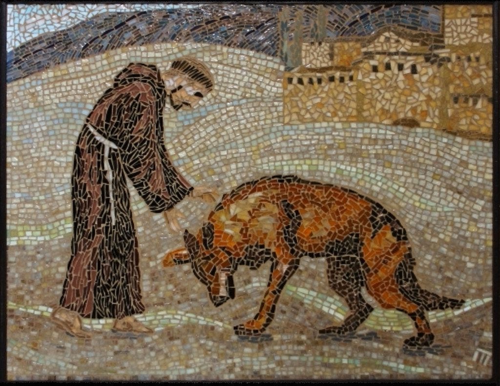 A tiled mosaic of St Francis reaching his hand down to pet a tame Wolf of Gubbio