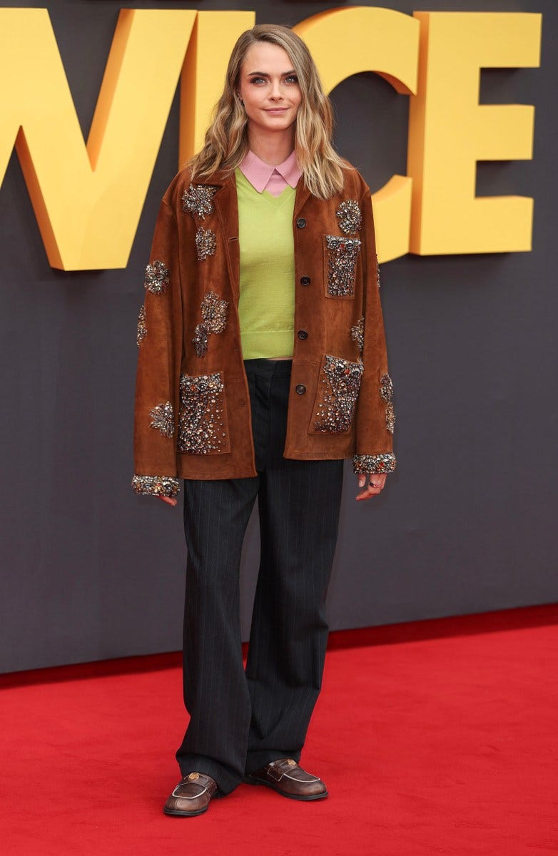 LONDON, ENGLAND - AUGUST 19: Cara Delevingne attends the European premiere of "Blink Twice" at the Odeon Luxe Leicester Square on August 19, 2024 in London, England. (Photo by Mike Marsland/Marsland/WireImage)