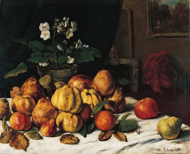 A Courbet still life of apples, pears and primroses 