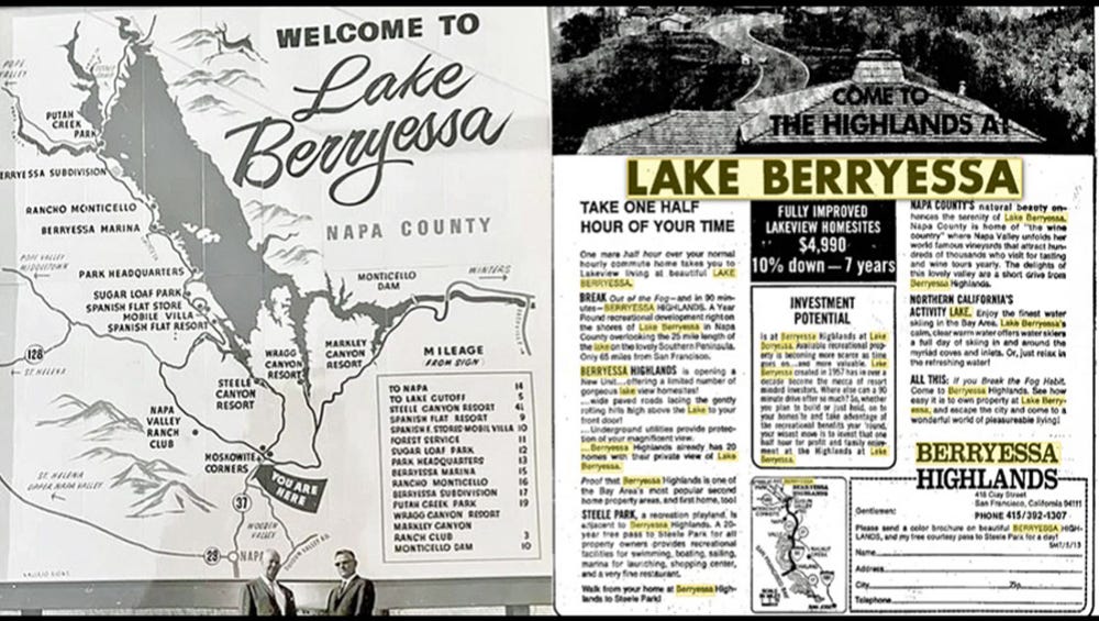 A poster and a map of lake berryessa

Description automatically generated