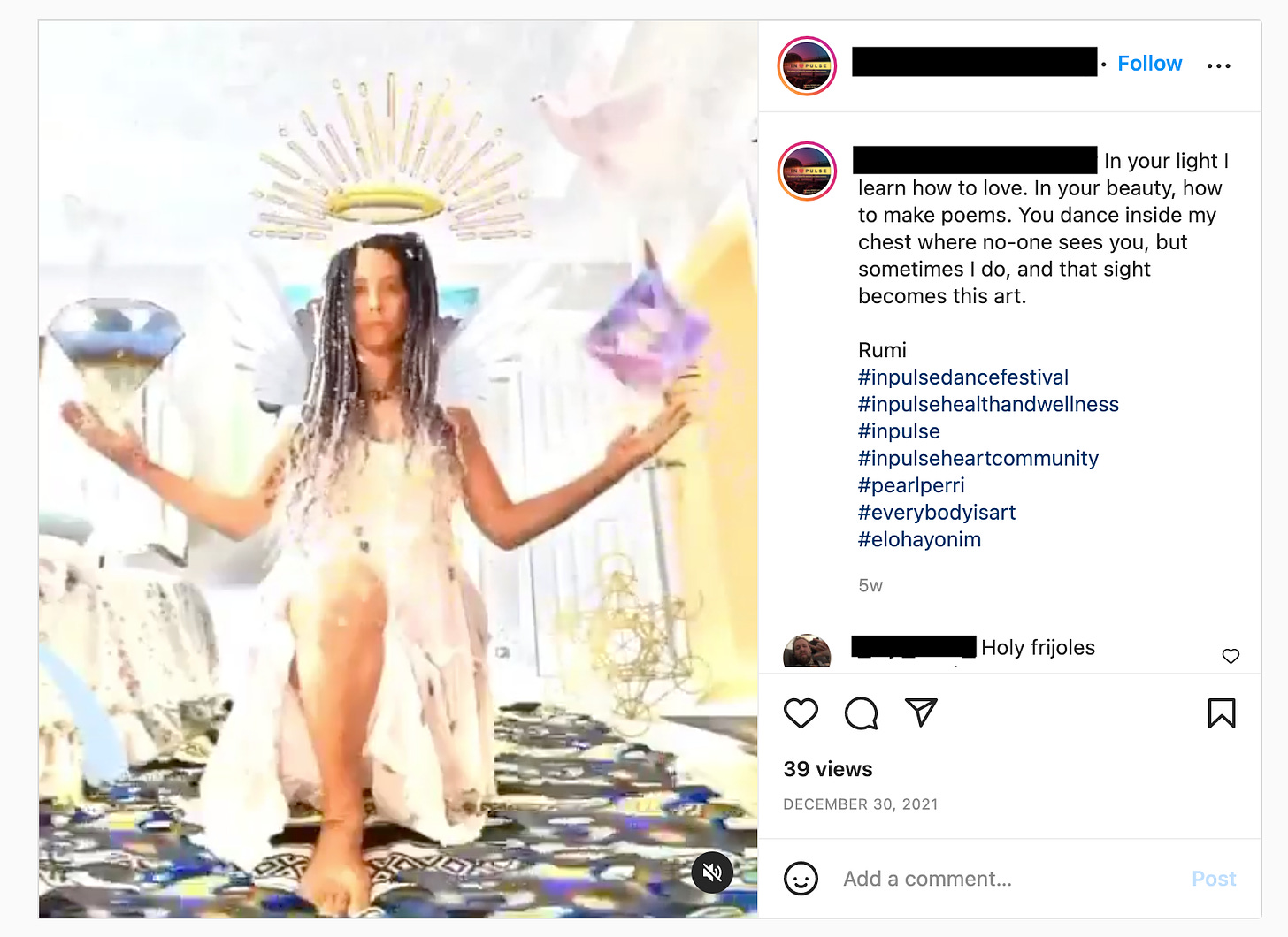 Screenshot of an instagram image of a white person with long dreadlocks on one knee with digital gems coming out of their hands and a halo on their head. The caption reads “in your light I learn how to love. In your beauty, how to make poems. You dance inside my chest where no-one sees you, but sometimes I do, and that sight becomes this art. Rumi”