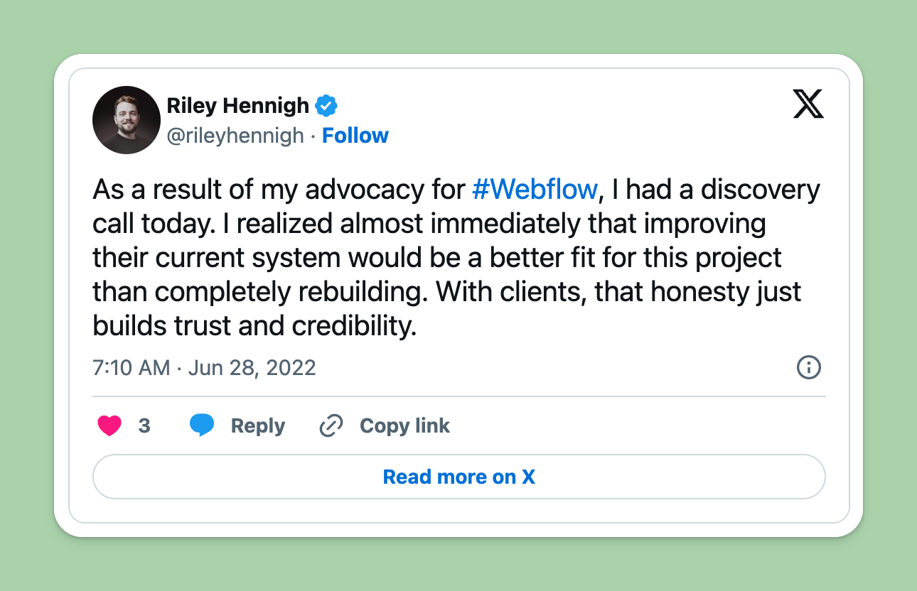 Tweet by Riley Hennigh on identifying client needs and only selling them what they really need