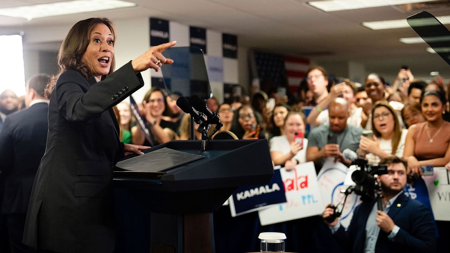 Vice President Kamala Harris speaks at campaign headquarters in Wilmington, Delaware, on July 22, 2024.