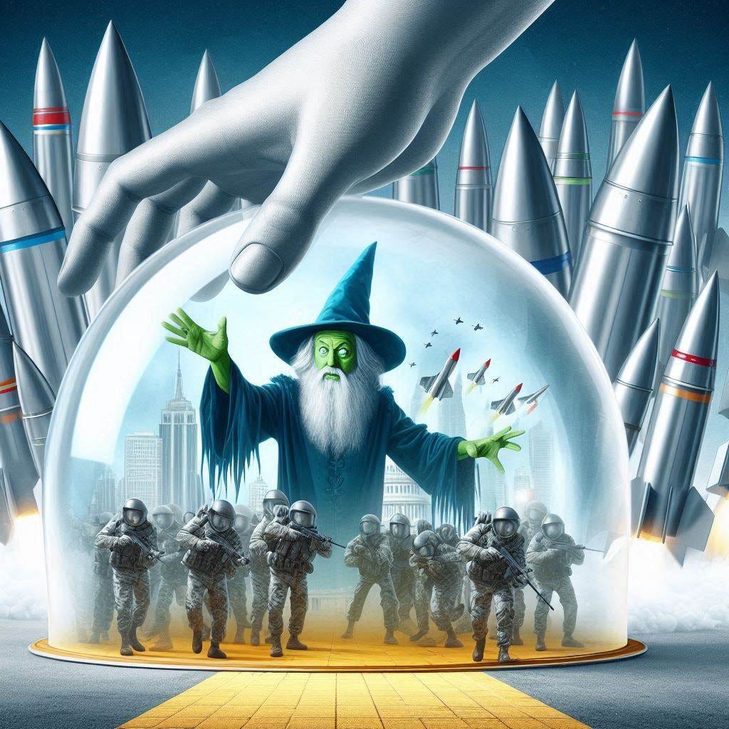 create image of the wizard of oz hiding behind a dome of missiles intercepting other missiles