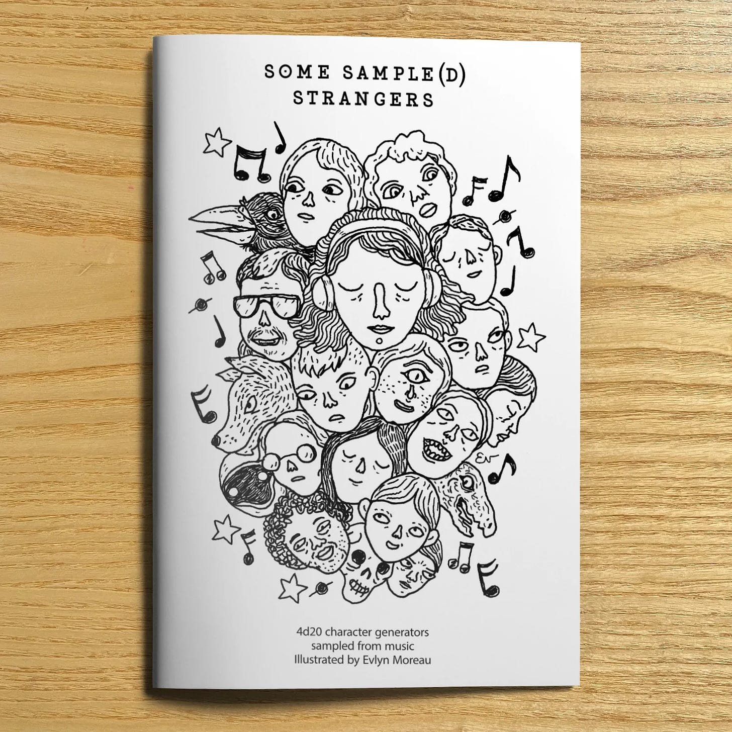 A physical copy of Sampled Strangers by the STATIONS. The cover is an illustration by Evlyn Moreau, featuring various possible characters from the zine.