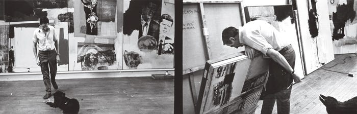 Diptych of Rauschenberg and his dog Laika in Rauschenberg’s Lafayette Street studio, New York, ca. 1967. WILLIAM S. WILSON/COURTESY ROBERT RAUSCHENBERG FOUNDATION