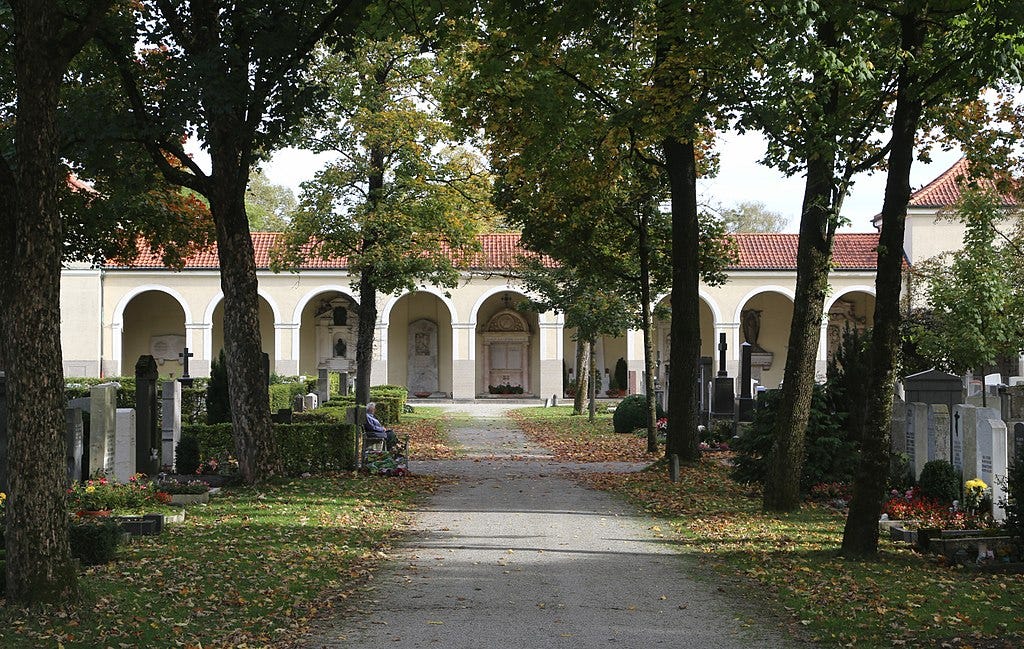 A view of one of the arcades and gravestones in the Nordfriedhof in Munich