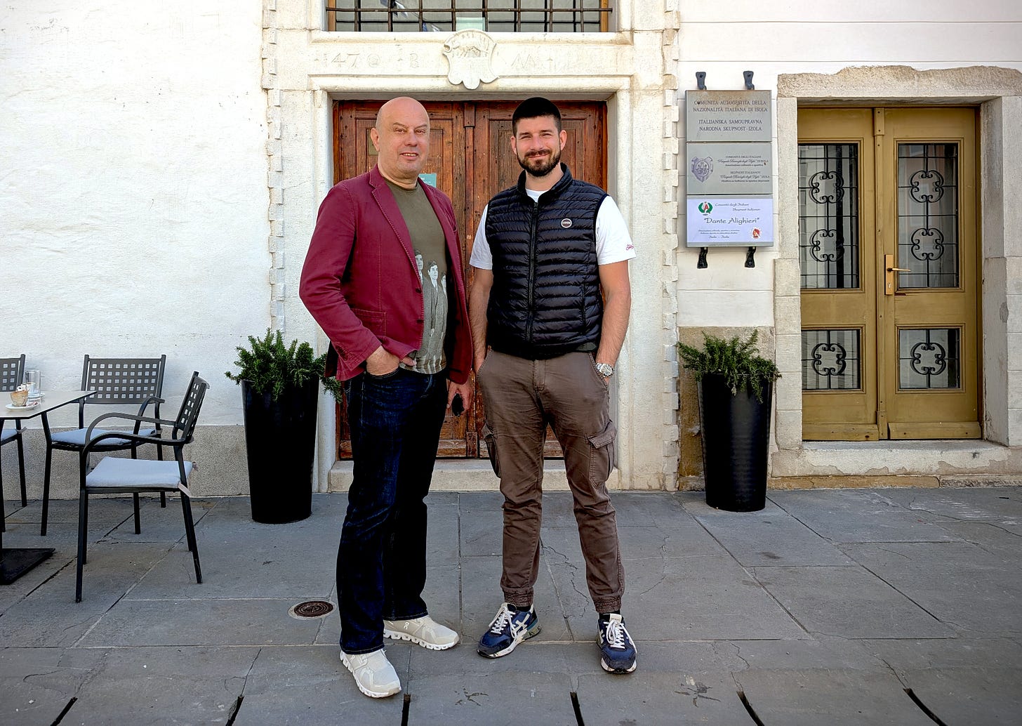 Sašo Dravinec and Matej Zaro, in Manzioli square, Izola. Photo (C) Simon J Woolf.