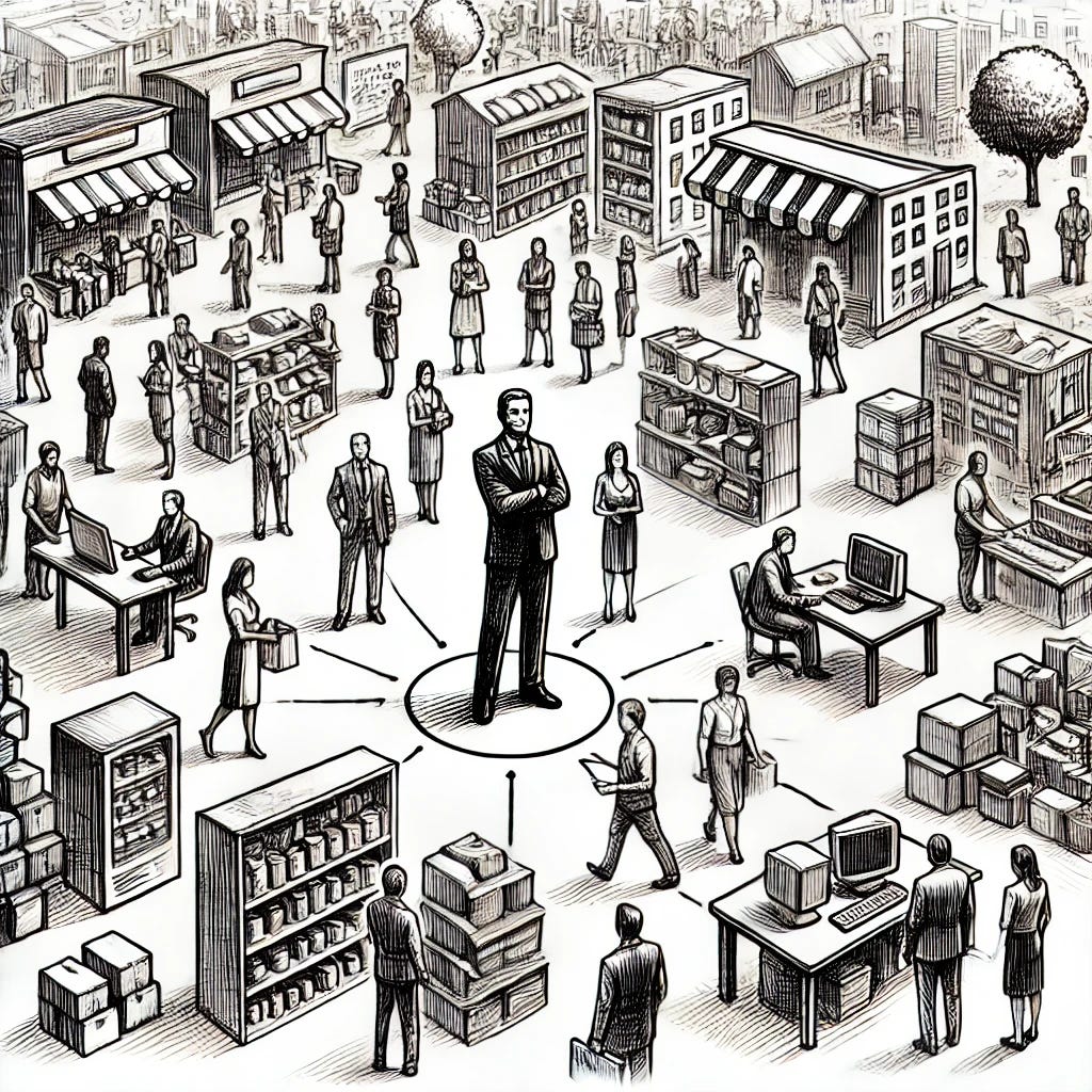 A sketch-style illustration showing multiple businesses in a busy but organized environment, all working together to serve a central business entity in the middle. The central business should look calm and composed, while the surrounding businesses are engaged in various activities like communication, delivering goods, exchanging documents, and providing services. Depict the surrounding businesses with movement and interaction, but keep the scene balanced and less chaotic. Avoid using labels or names, focusing only on visual representation of business entities. Use a monochrome sketch style for a clean, cohesive look.