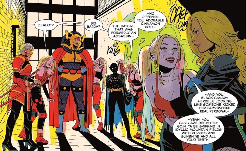 An image of a panel from Birds of Prey #1 (DC, 2023) featuring Black Canary, Harley Quinn, Batgirl, Big Barda, and Zealot by Leonardo Romero, Jordie Bellaire, Clayton Cowles, and Kelly Thompson