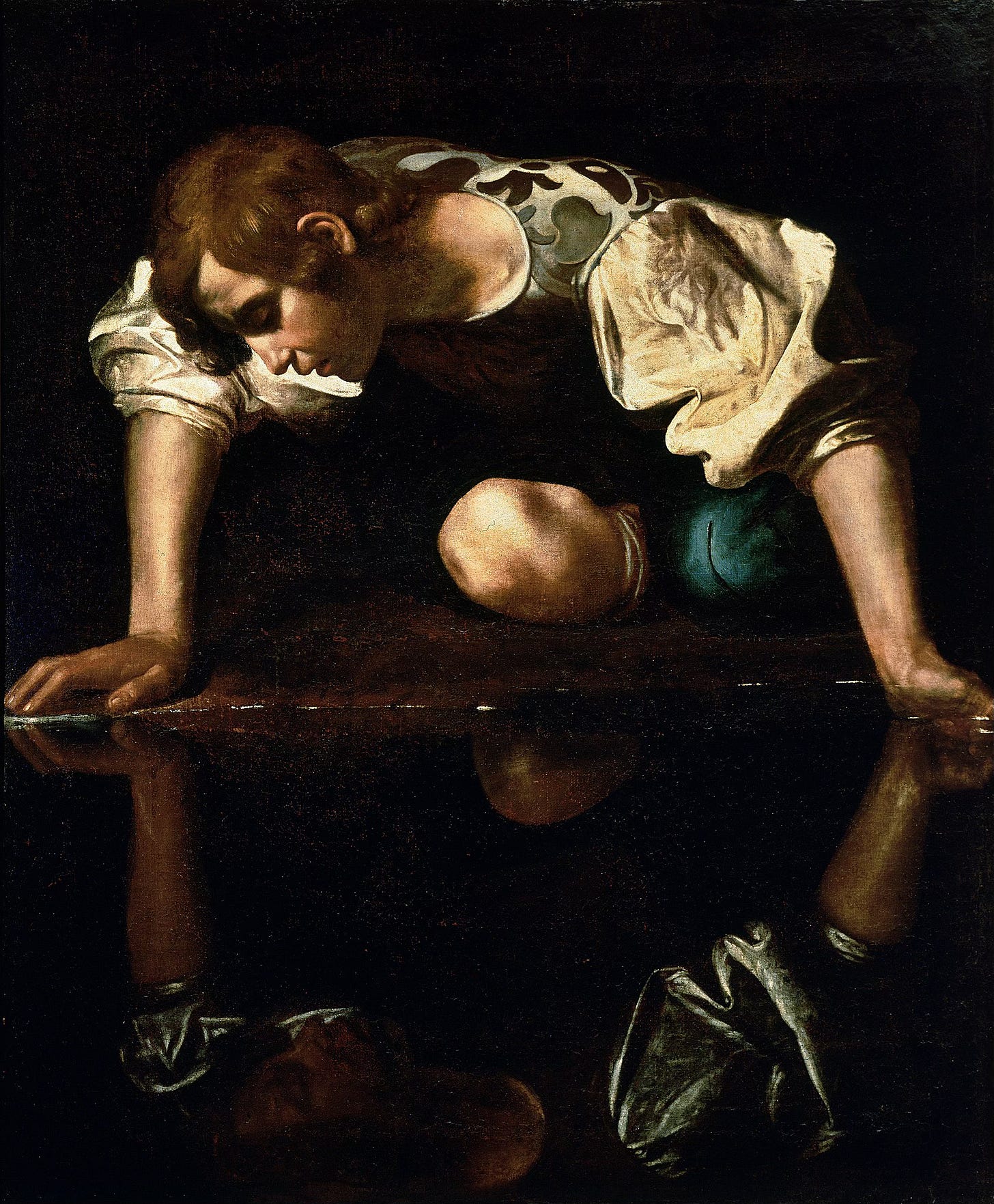 A painting of a young man leaning over a dark, reflective surface, gazing intently at his own reflection. He is dressed in a white shirt with voluminous sleeves and a patterned vest, with one knee bent and both hands touching the water. The scene is dimly lit with dramatic contrasts of light and shadow, characteristic of the Baroque style. The young man’s mirrored image is clearly visible in the water below him. The artwork conveys a mood of introspection and fascination with one’s own image. A painting of a young man leaning over a dark, reflective surface, gazing intently at his own reflection. He is dressed in a white shirt with voluminous sleeves and a patterned vest, with one knee bent and both hands touching the water. The scene is dimly lit with dramatic contrasts of light and shadow, characteristic of the Baroque style. The young man’s mirrored image is clearly visible in the water below him. The artwork conveys a mood of introspection and fascination with one’s own image.
