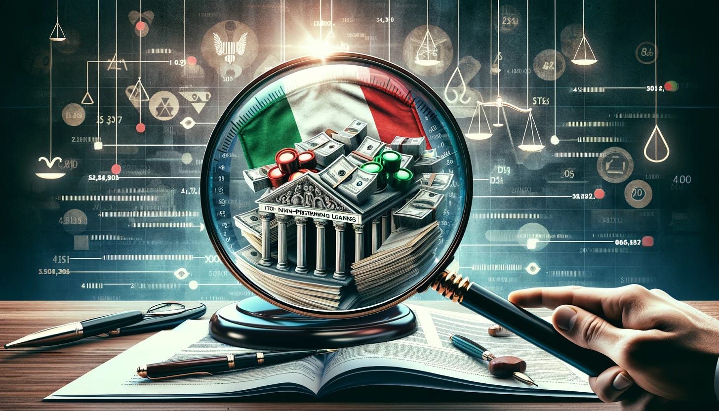A detailed, horizontal rectangular image that visualizes the concept of Italian Non-Performing Loans (NPLs) with special servicers being scrutinized under the magnifying glass of Italian courts. The scene includes a large magnifying glass held over a pile of documents and financial charts symbolizing NPLs, with a backdrop of the iconic Italian legal system symbols, such as a gavel, scales of justice, and the Italian flag. The magnifying glass focuses on specific documents, highlighting the intense examination and regulatory oversight by the courts. The atmosphere should convey a blend of financial analysis and legal scrutiny within the context of Italian culture and judiciary.