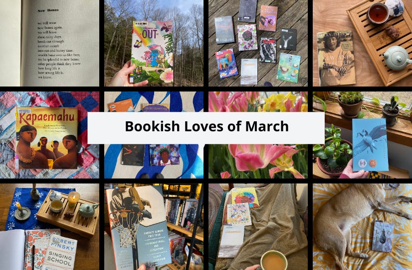 A grid of twelve images of books, tea, poems, and notebooks (all the images appear in the newsletter). Text in the middle reads: Bookish Loves of March.