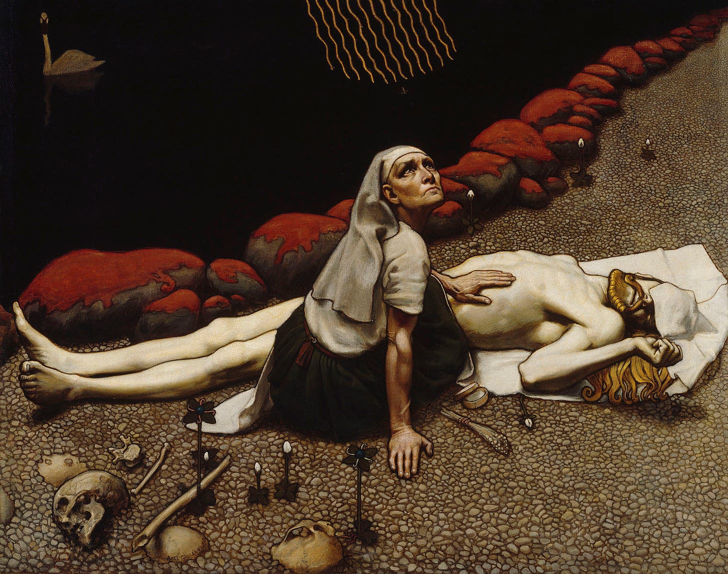 A vibrant painting featuring a nude male body lying on a shoreline, his head partially covered by a white cloth. Kneeling over him is a woman who rests her left hand on the man's torso while she looks up to the sky. In the upper left corner we can see a swan swimming across a black lake.