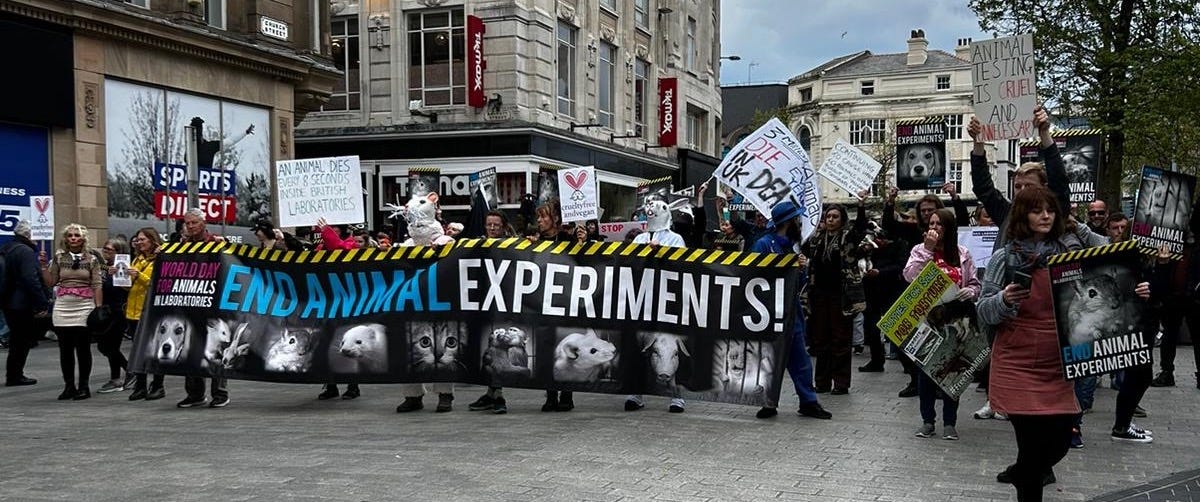 Hundreds of animal rights activists mark World Day for Animals in Laboratories
