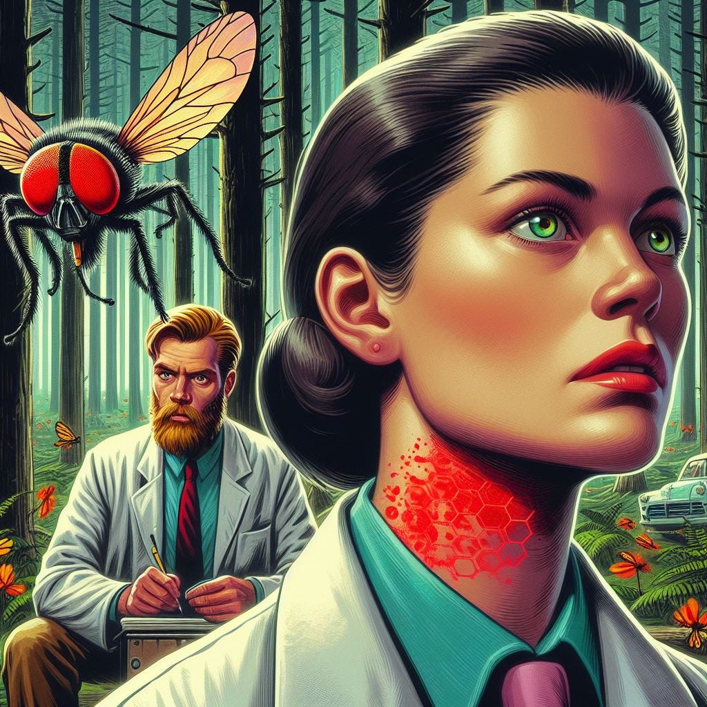 male scientist, dense forest, woman with red mark on neck, large fly, 60s sci-fi art
