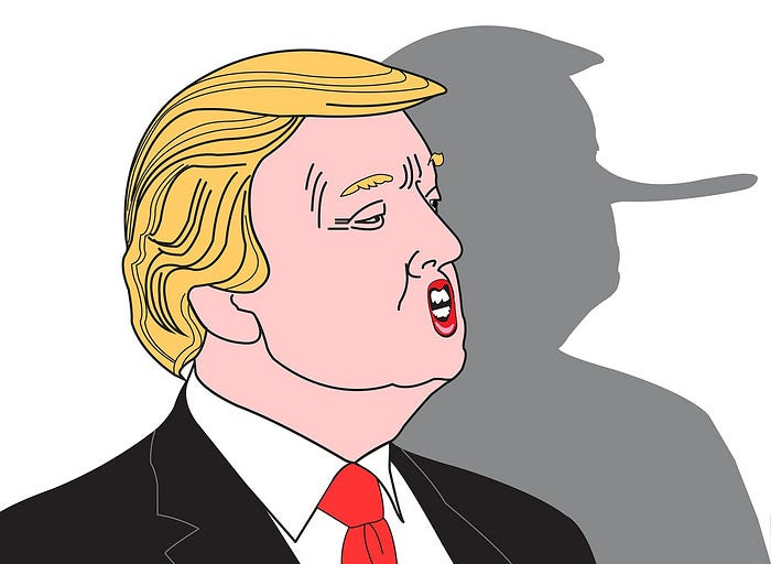 Cartoon of Trump’s head and shoulders. His mouth is open as if he’s speaking. But his shadow image shows his has grown nose very long, like the puppet, Pinocchio's.