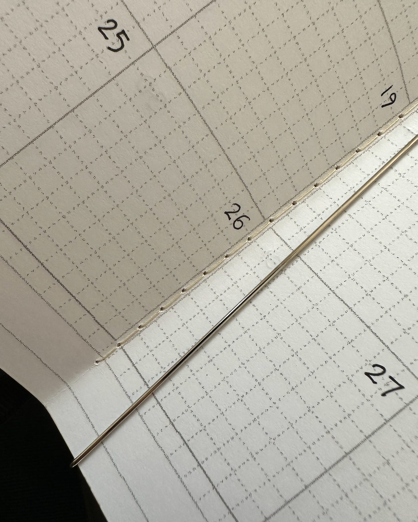 Closeup photo of some sheets of paper that have been sewn together by machine with a 5mm stitch length. There are numbered boxes on the part of the page that’s visible — it’s a monthly calendar with a dotted grid background. A thin metal bar lies across the page; this is what keeps folded paper in place in the Paper Saver notebook. The sewn calendar pages have been pulled out from the bar at an angle to reveal the stitching.
