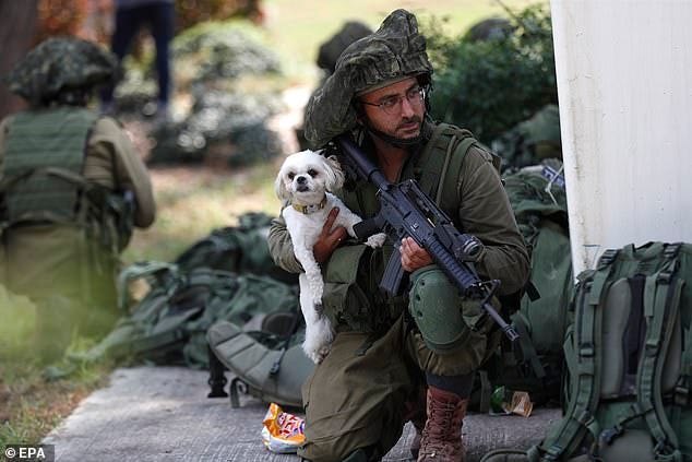 An Israeli soldier carries a dog as they take position next to Kfar Aza kibbutz near the border with Gaza