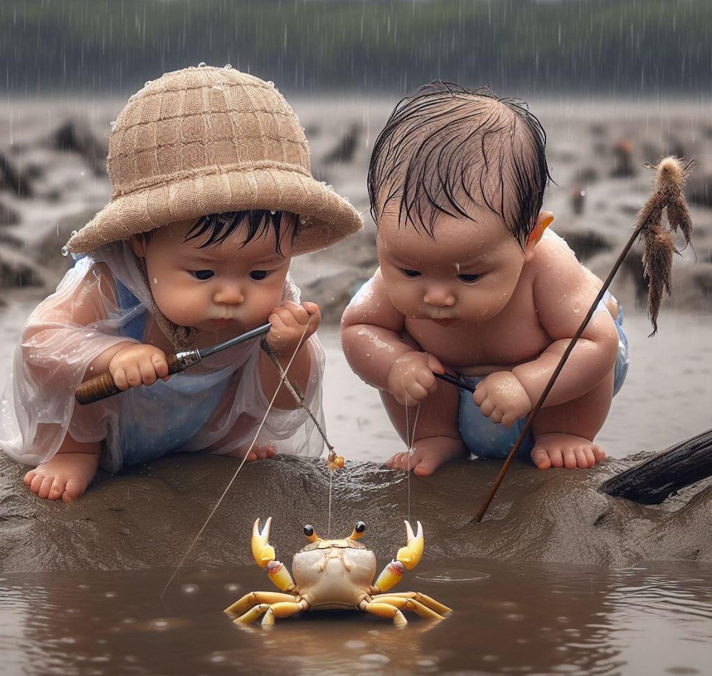 An AI generated image showing two babies staring at a crab that's staring back at them