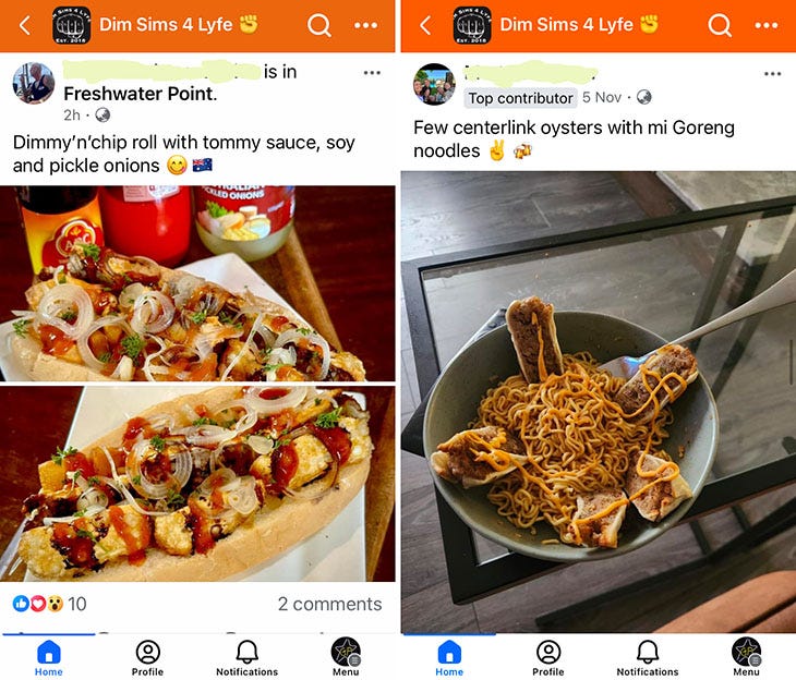 two Facebook dim dimes for life posts. One dummy and chip with 'Tommy sauce and pickle onions. the other dimmys called "Centrelink oysters" with noodles.