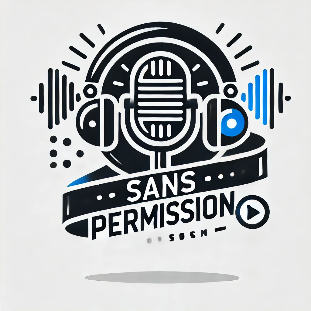 A logo design for a podcast titled 'Sans Permission'. The logo should be modern and bold, featuring a microphone and sound waves to represent podcasting. Incorporate elements like headphones or a speech bubble to enhance the podcast theme. Use a sleek and clean design with a balanced color palette, possibly incorporating shades of black, white, and a pop of color like red or blue for emphasis. The overall style should convey a sense of independence and creativity.