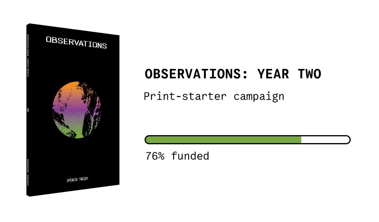 A graphic that features the Observations Year Two book cover and a progress bar showing 76 percent progress on the preorder campaign.