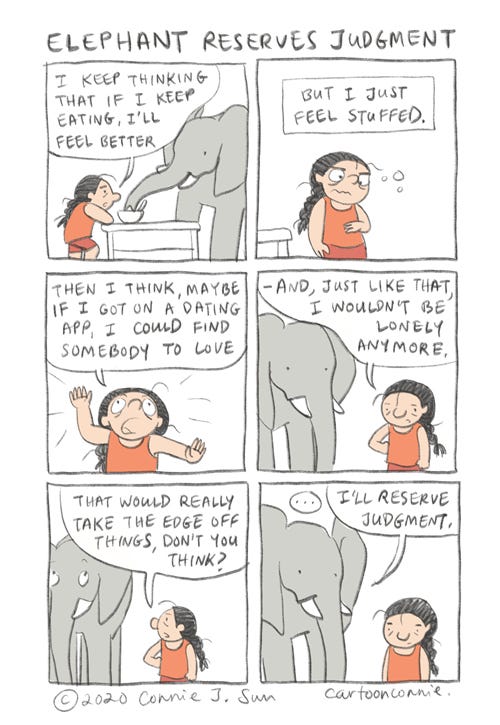 elephant reserves judgment, comic strip by cartoonconnie elephant, illustration, comics, humor, coping mechanisms, sketchbook drawing, connie sun, cartoonconnie