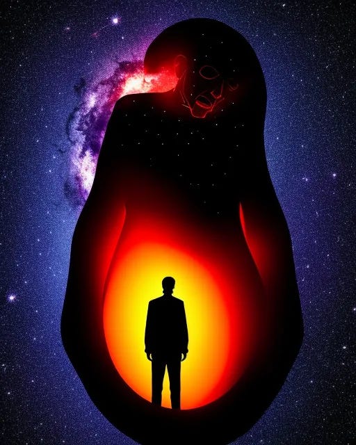 silhouette of a dying man being swallowed by a cosmic ocean
