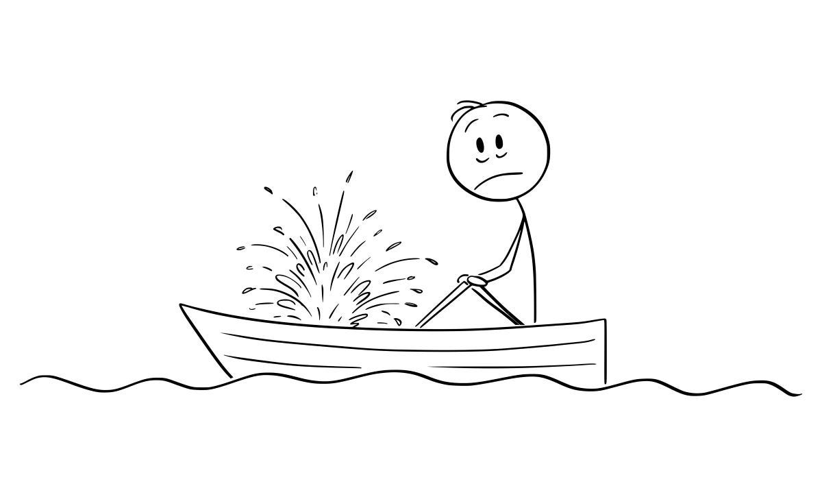 Stick figure in boat that sprung a leak