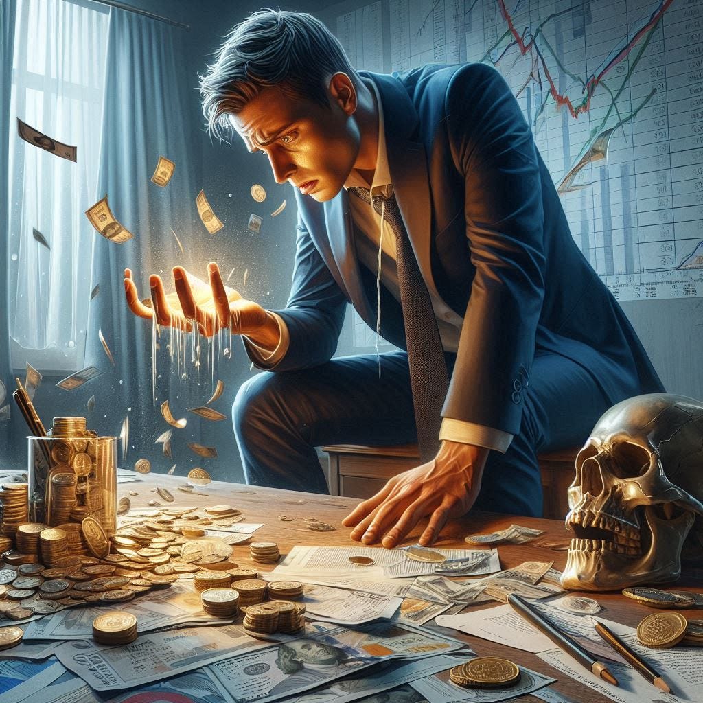 A realistic and imaginative depiction of an investor not following their own strategy and losing a lot of money. The scene captures the emotional turmoil and regret, with vivid expressions and body language conveying the consequences of the decision. The setting is detailed, with elements representing the financial loss and the impact on the investor's life, creating a powerful and thought-provoking image.