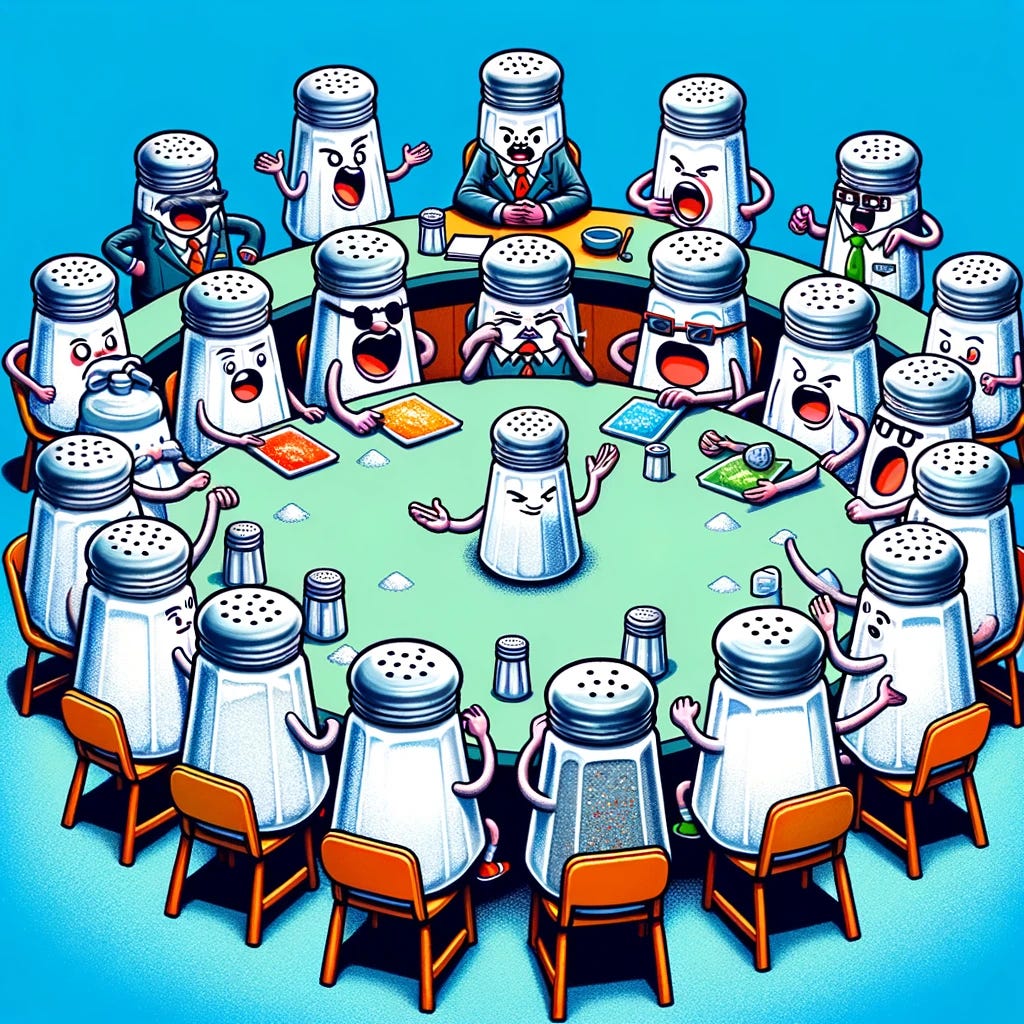A cartoon-style image featuring 160 table salts engaged in a debate around a large table. Each salt shaker has a distinct expression and gesture, adding to the lively discussion. In the background, there are two supervisor table salts dressed formally in suits, overseeing the debate. The scene is colorful and vibrant, with a playful and humorous atmosphere.