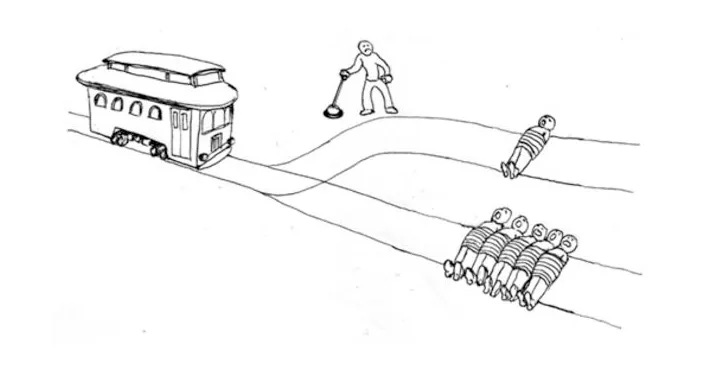 An illustrated example of the Trolley Problem.