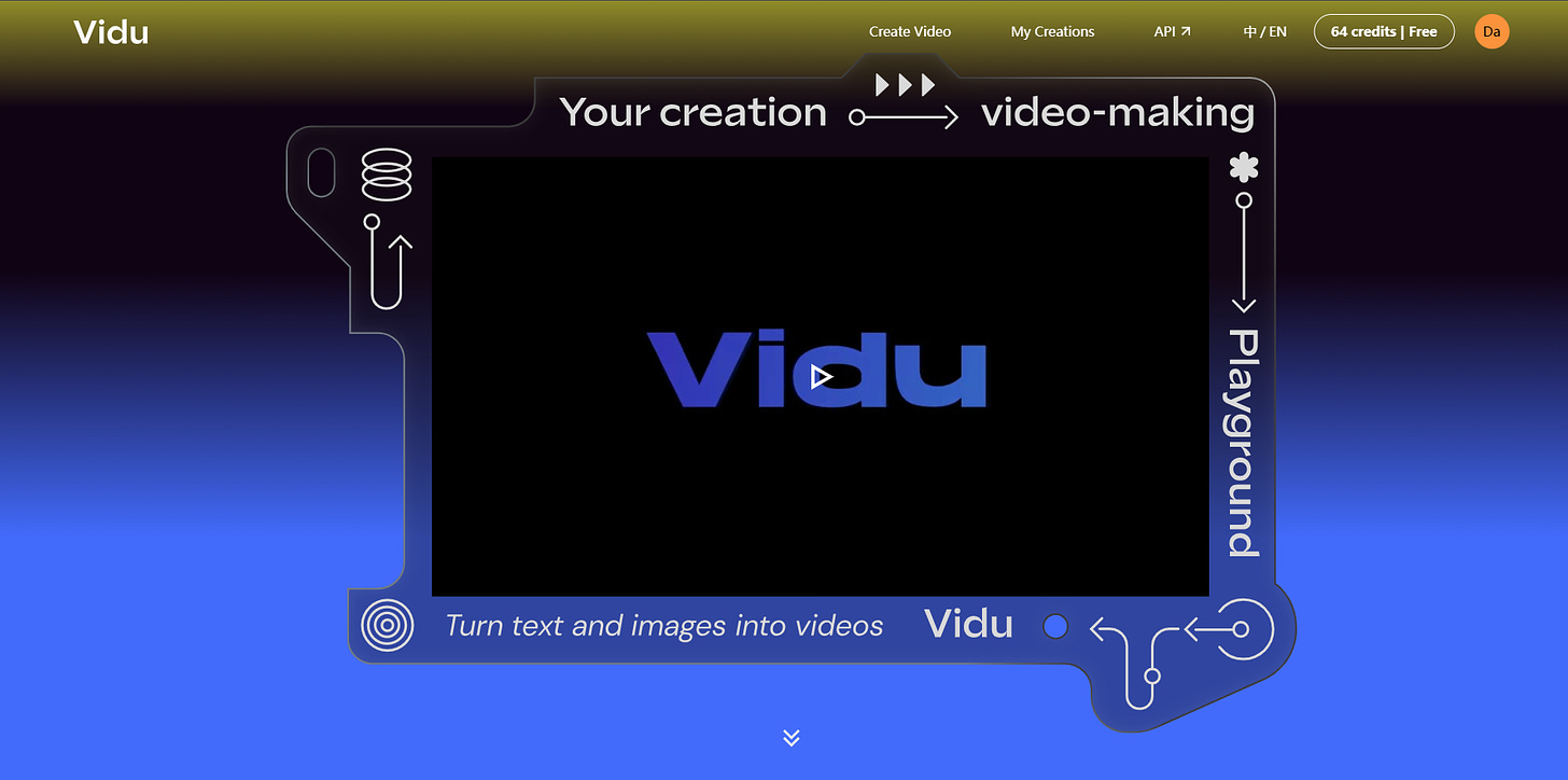 Vidu front page. AI video tool with image-to-video capabilities.