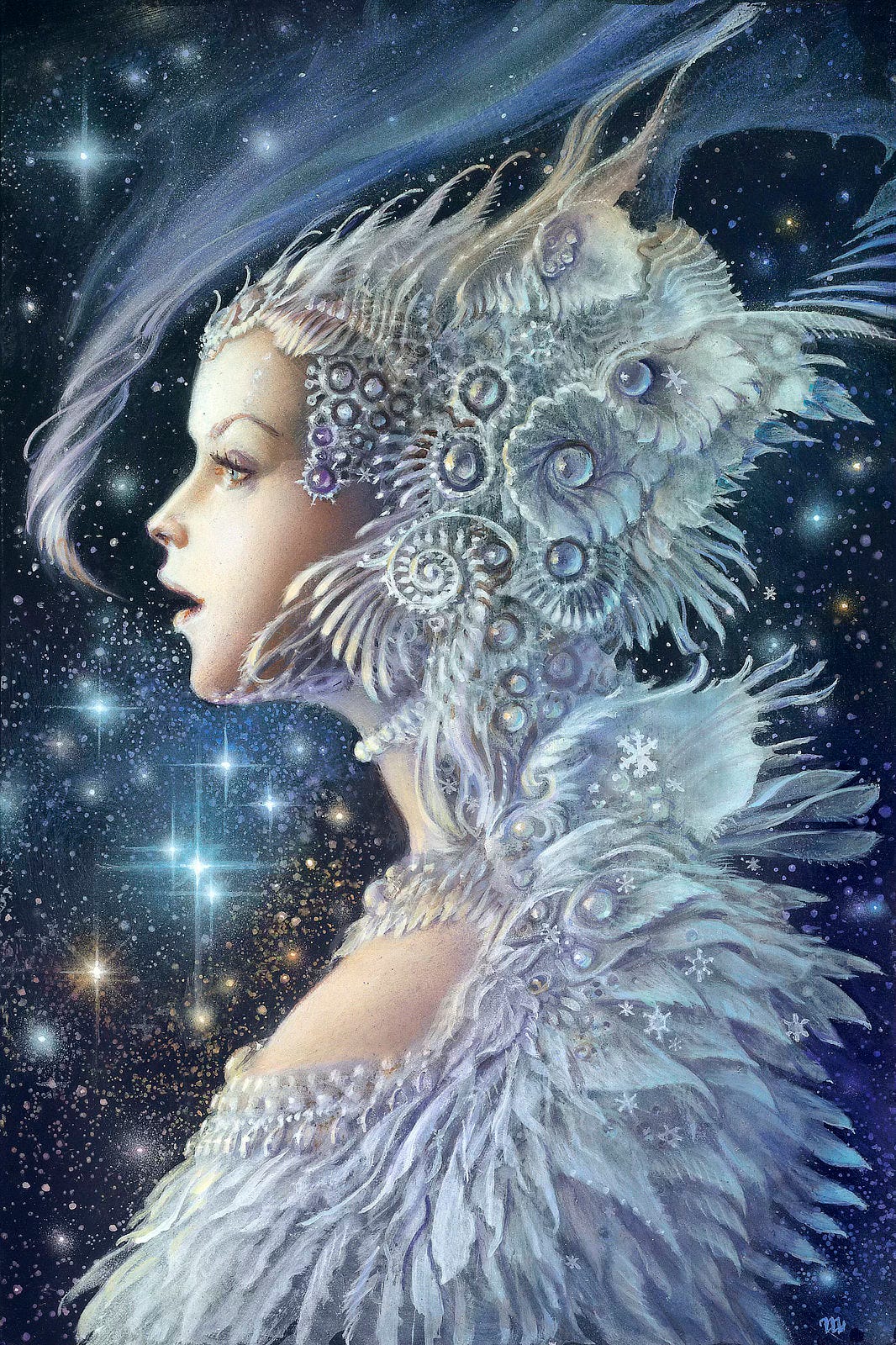 Set in profile against a busy starscape, a regal woman exhales a frosty breath that starts as a delicate spiral before dissolving overhead. Her skin is pale and her wardrobe decidedly wintry, mostly white with pearlescent accents. She wears an ornate headdress, detailed in ornamentation, all swirls and flourishes. Her gown made of feathers and snowflakes opens high on the chest to expose more pale skin but she seems unaffected by the chill of winter.