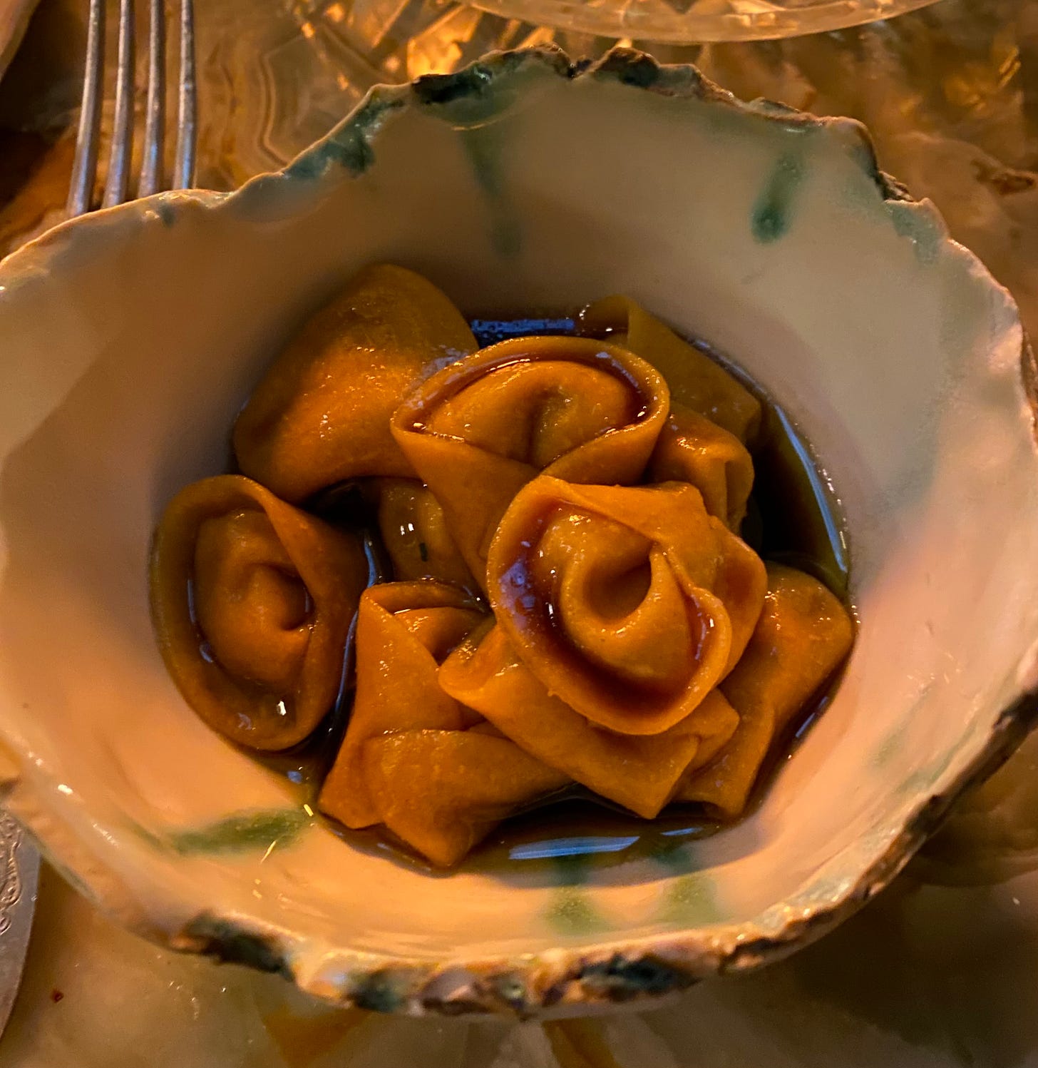 veal tortellini in a shell bowl at Foul Witch