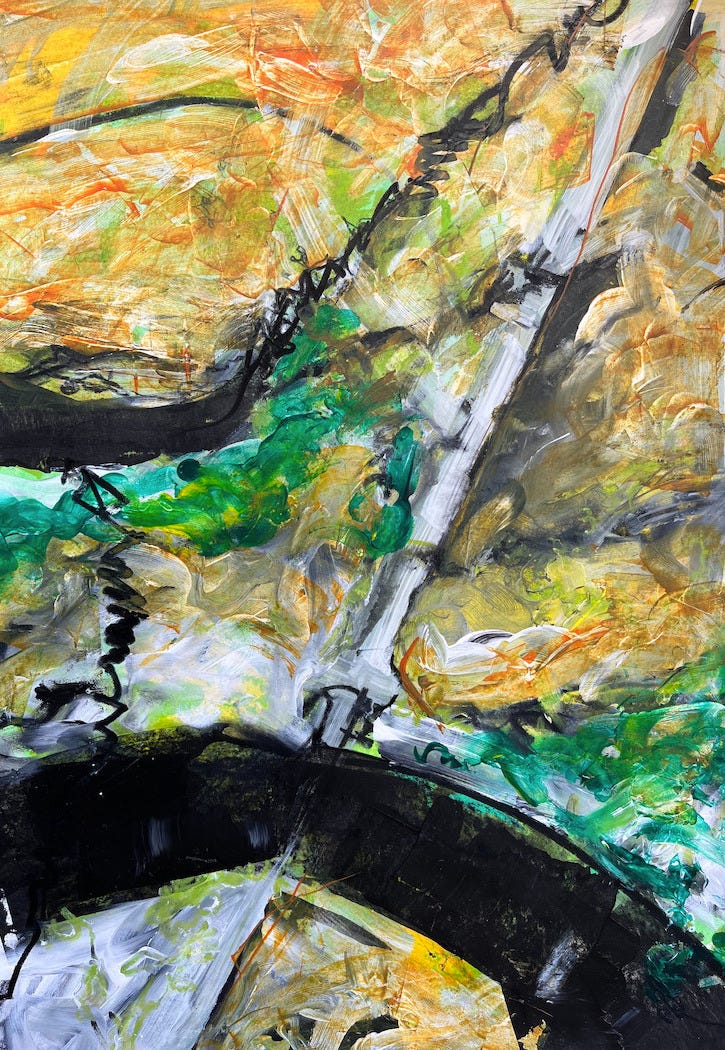 Abstract painting of the Tagus River Bridge in Lisbon, in orange and green with black lines