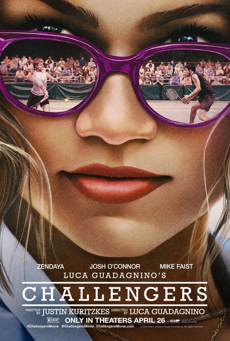 The poster for Challengers showing Zendaya with Faist and O'Connor reflected in her sunglasses