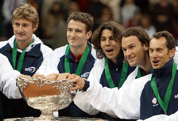 Spanish team members , former number one Juan Carlos Ferrero, Tommy Robredo, Rafael Nadal, the youngest Davis Cup winner in the history of the...