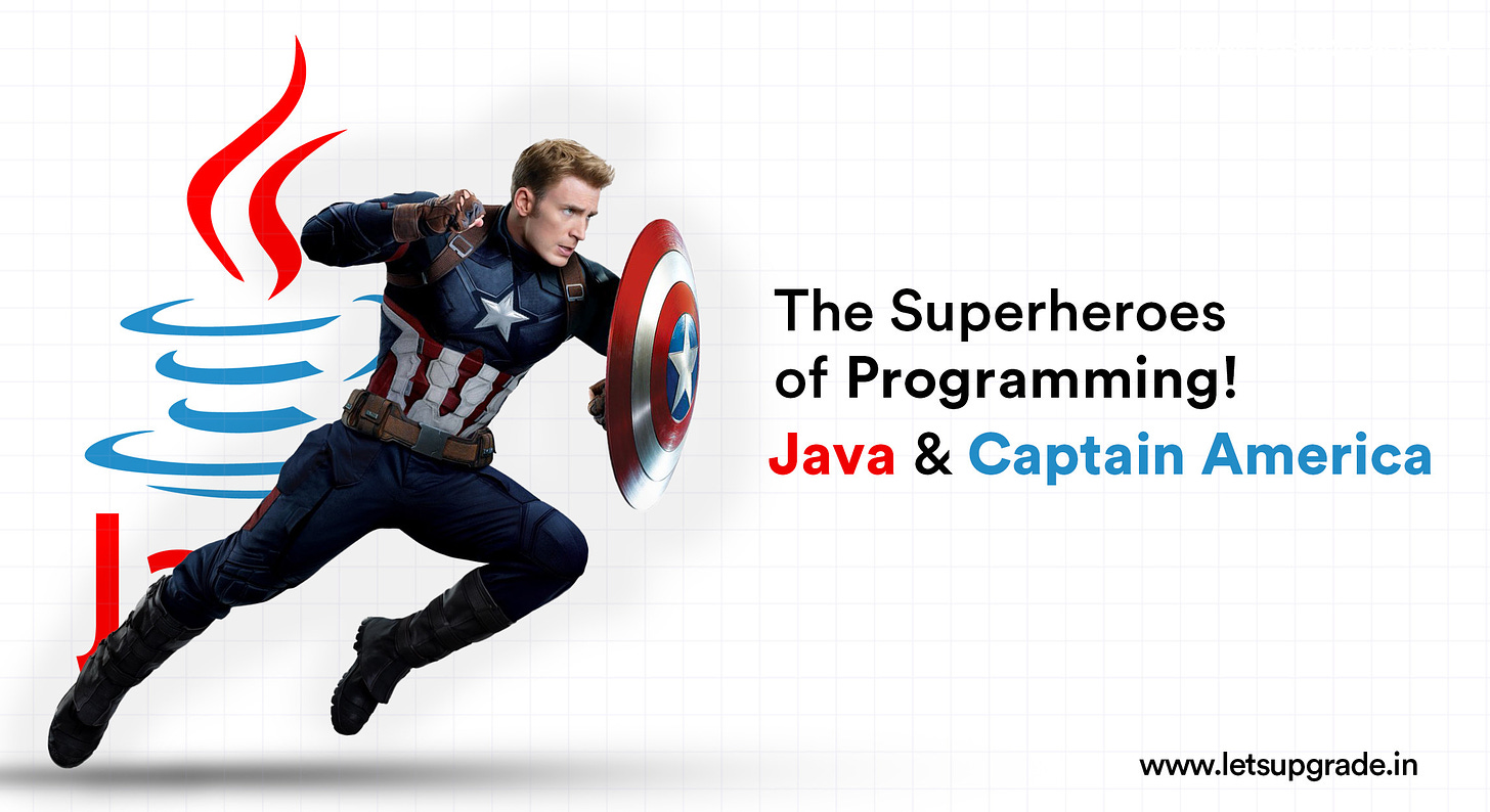A person dressed as Captain America holding a cup of coffee with the Java programming language logo on it.