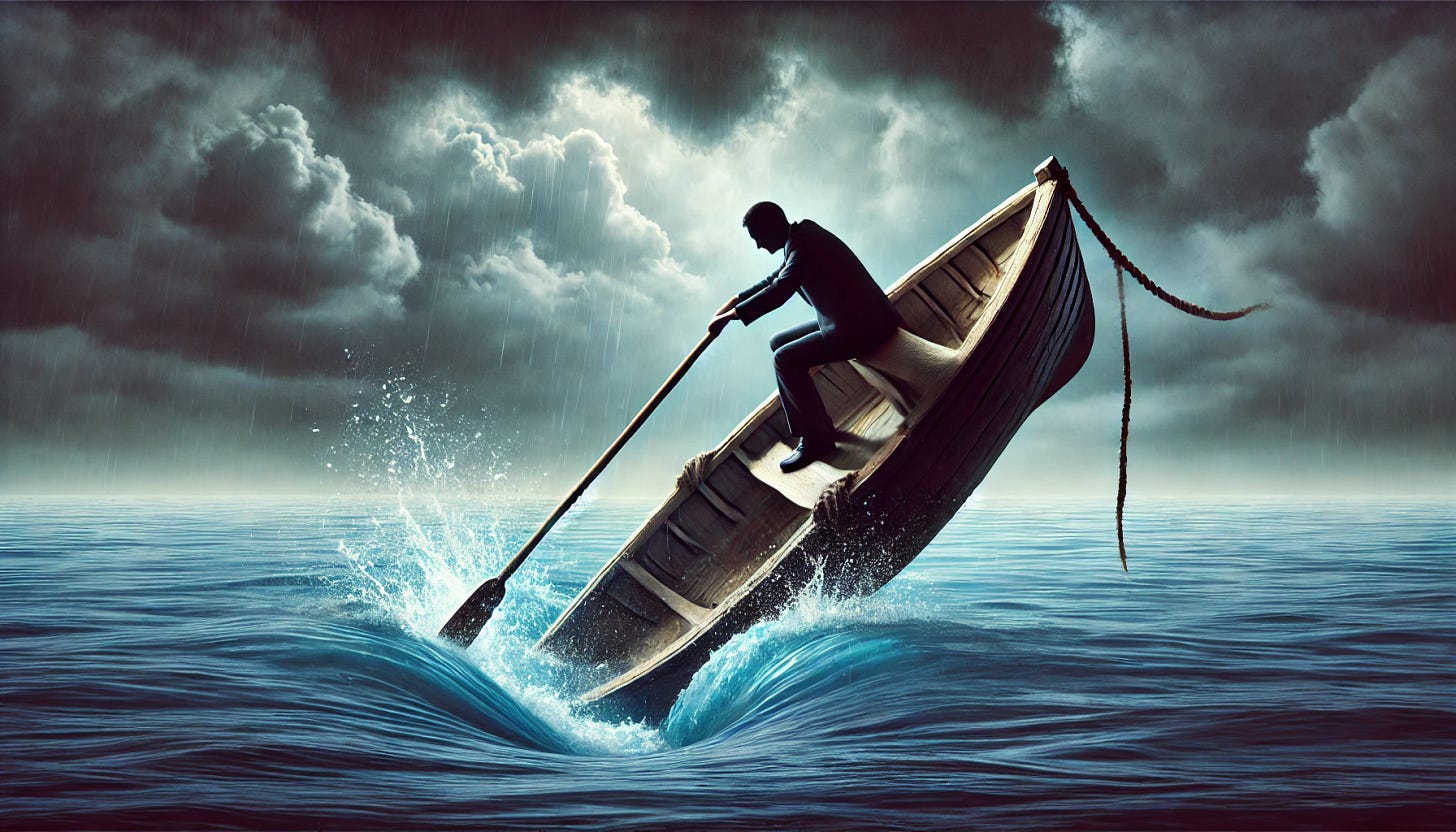 A person is rowing a boat with a hole in the bottom. Water is pouring in quickly, filling the boat, but instead of fixing the hole or abandoning the boat, the person continues to row, determined but in a hopeless situation. The sinking boat represents the concept of sunk costs, with stormy clouds in the background to enhance the mood of inevitability.