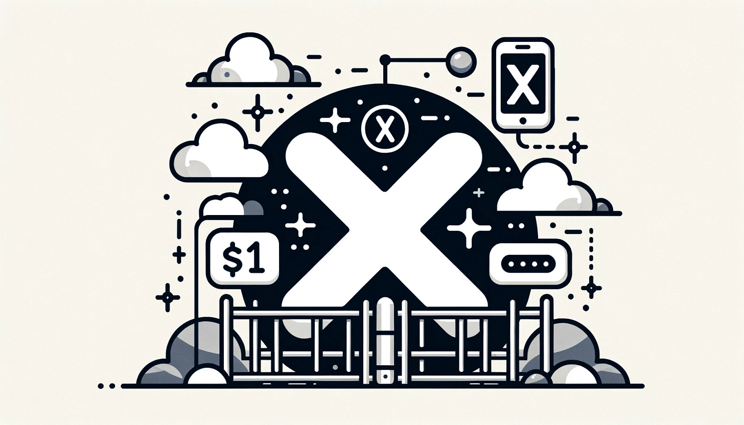 Vector: A minimalist representation of the X platform logo, surrounded by barriers or gates. One gate has a '$1' sign, symbolizing the subscription barrier, and another gate has a phone icon, indicating phone number verification. Hovering above are clouds with silhouettes of New Zealand and the Philippines.
