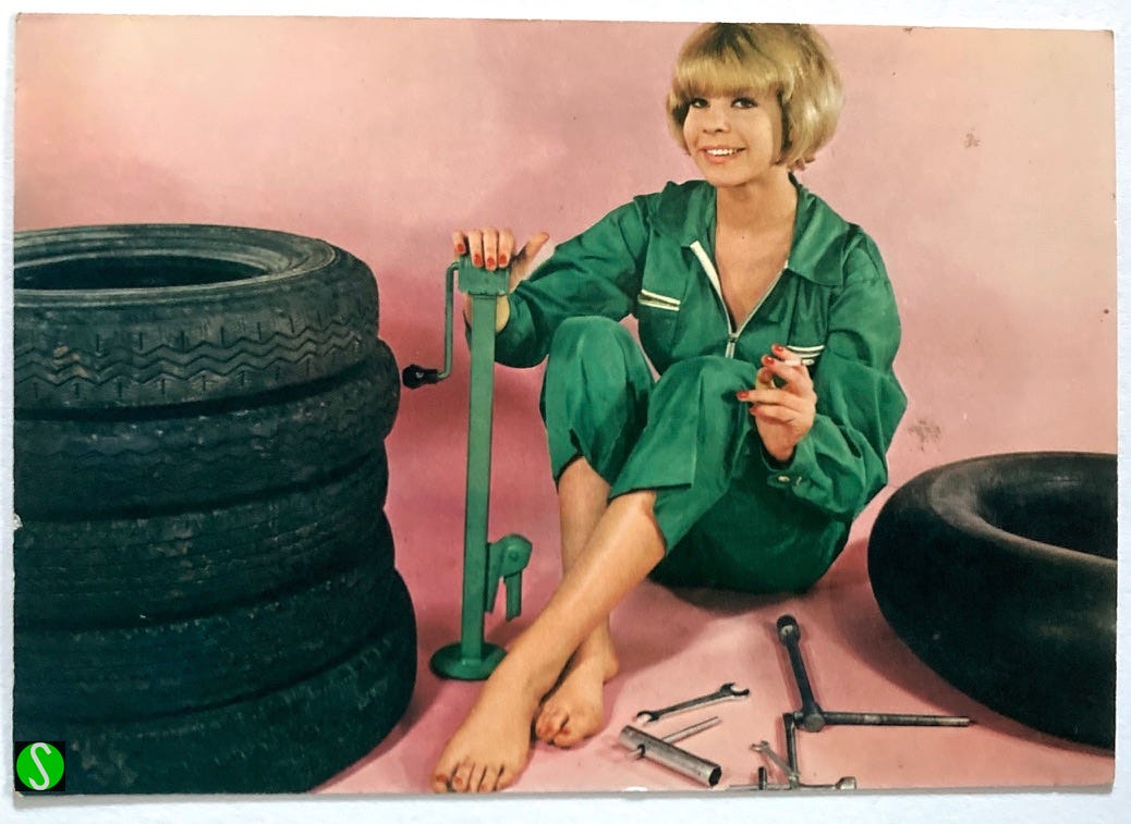 vintage Italian postcard of barefoot girl mechanic