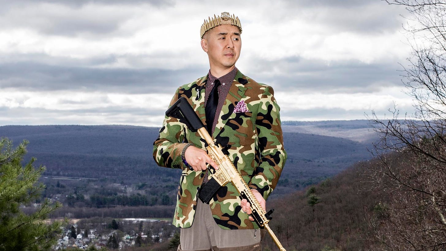 MATAMORAS, PA - APRIL 26:  Reverend Hyung Jin "Sean" Moon poses for a portrait with his gold AR-15 "rod of iron" at Moon's home in Matamoras, Penn., on Thursday, April 26, 2018. (Photo by Bryan Anselm/Redux For The Washington Post via Getty Images)