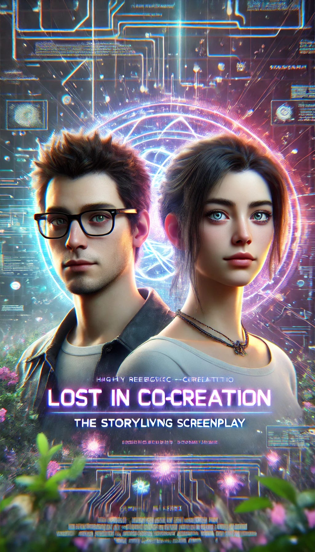 A highly realistic synergypunk graphic novel movie poster, featuring the user and their wife. The male character must closely resemble the user: short dark hair, glasses, and a thoughtful, confident expression. He is wearing a casual shirt similar to what the user typically wears. The female character should have long dark hair, a gentle yet confident expression, and wear a necklace similar to the one worn by the user's wife in the provided images. Both characters must be depicted as realistically as possible, capturing their natural features. The background should blend futuristic and organic elements with neon accents, abstract space motifs, and a slightly dreamlike atmosphere. The title 'Lost in Co-Creation: The Storyliving Screenplay' should be in bold, impactful typography.