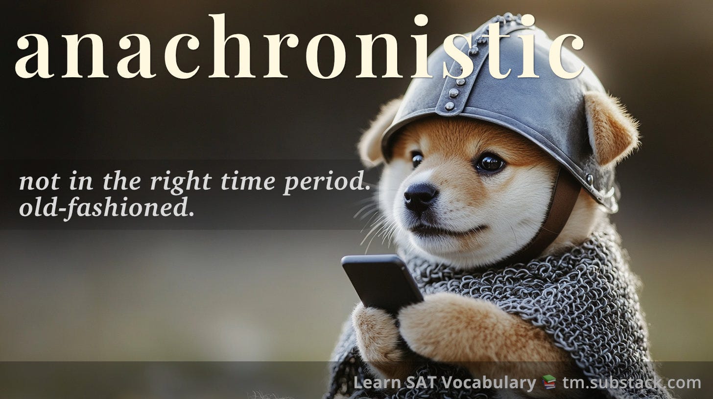 Illustration of a puppy wearing a medieval knight's helmet while using a smartphone; used to illustrate the SAT word 'anachronistic'.